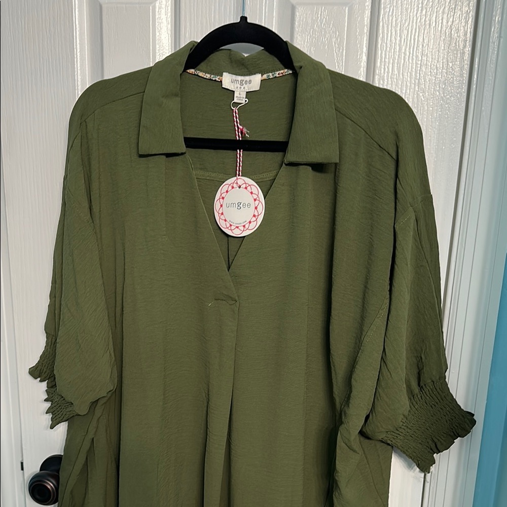 Umgee Green Button Down Dress with Cuffed Sleeves and Notched Collar
